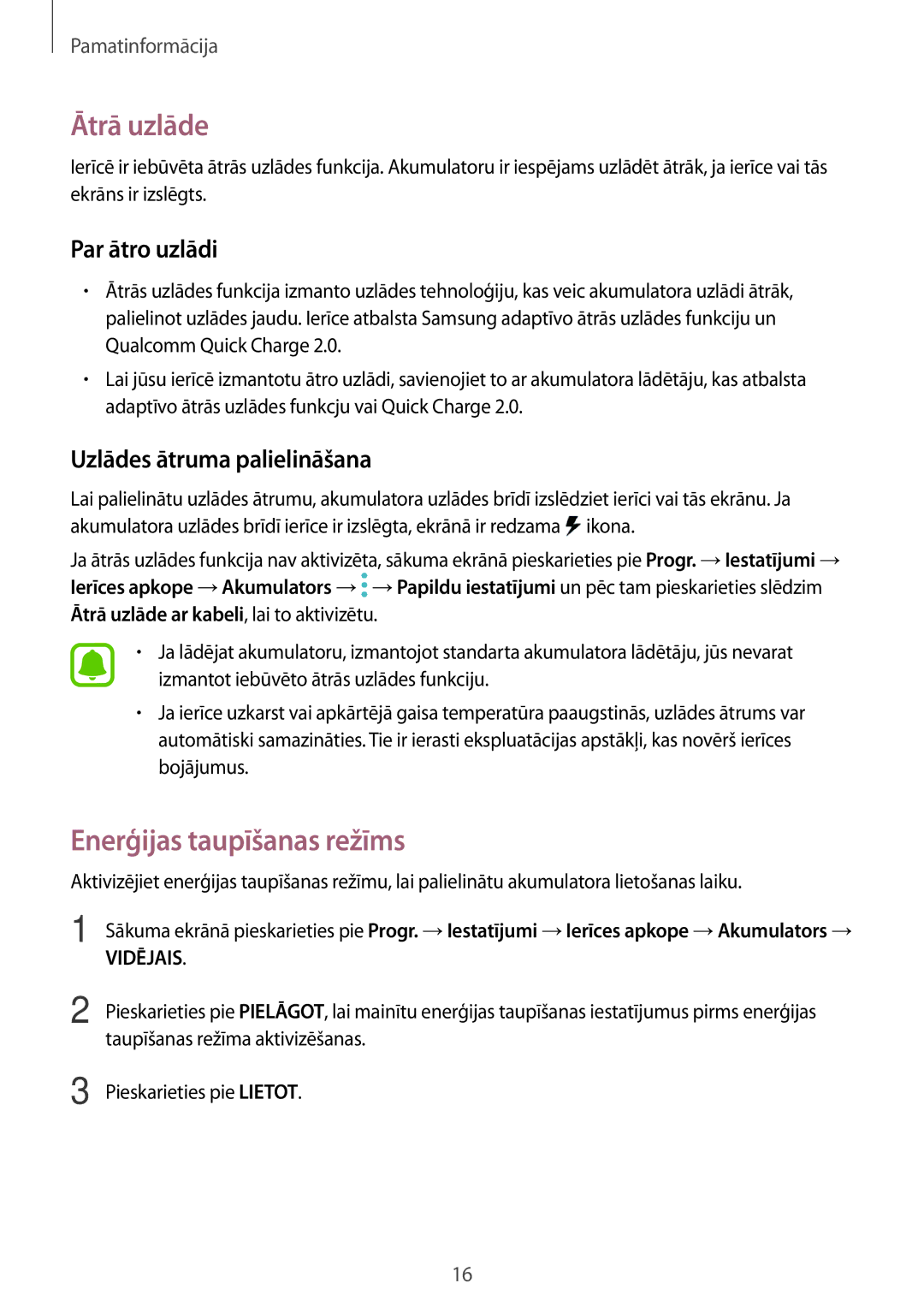 Samsung SM-T820NZKASEB manual Ātrā uzlāde, Enerģijas taupīšanas režīms, Par ātro uzlādi, Uzlādes ātruma palielināšana 