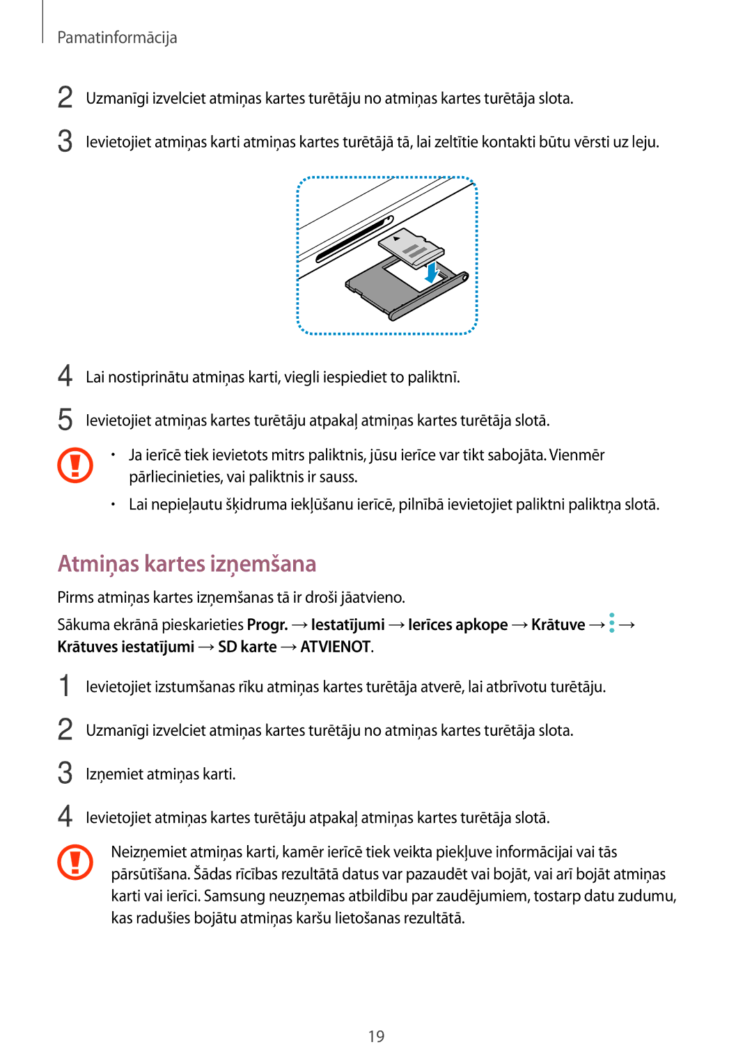 Samsung SM-T820NZKASEB manual Atmiņas kartes izņemšana, Pirms atmiņas kartes izņemšanas tā ir droši jāatvieno 