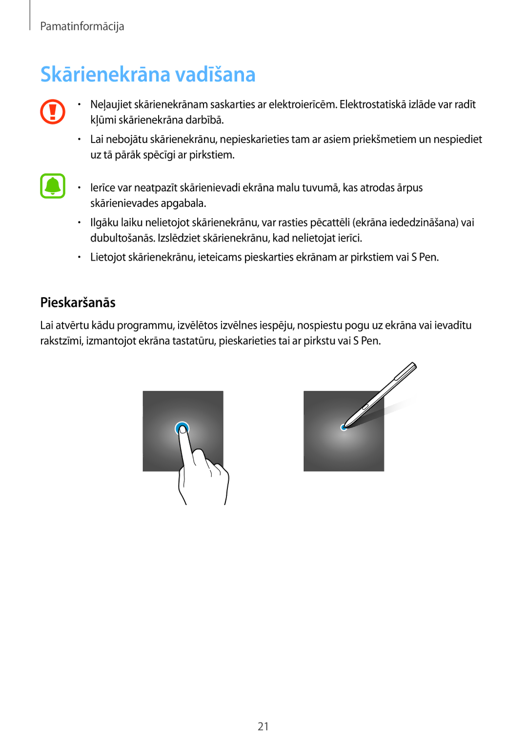 Samsung SM-T820NZKASEB manual Skārienekrāna vadīšana, Pieskaršanās 