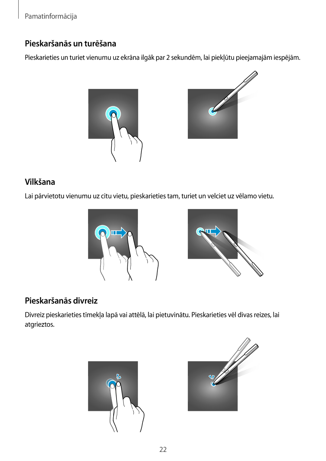 Samsung SM-T820NZKASEB manual Pieskaršanās un turēšana, Vilkšana, Pieskaršanās divreiz 