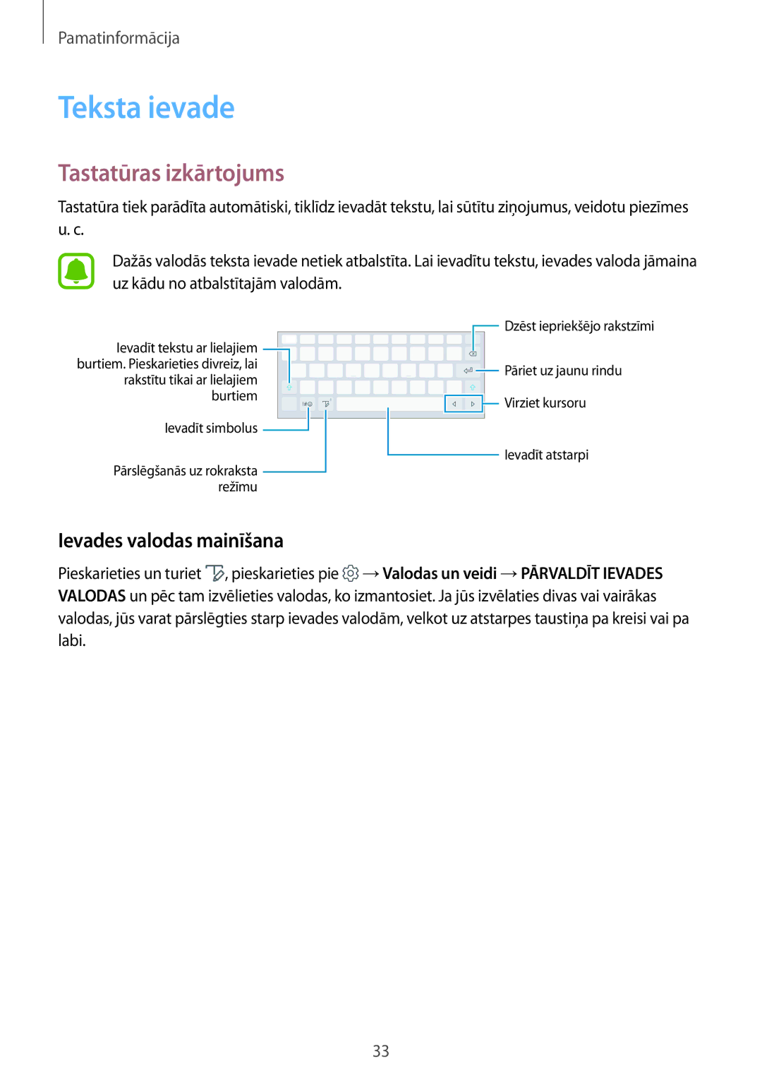 Samsung SM-T820NZKASEB manual Teksta ievade, Tastatūras izkārtojums, Ievades valodas mainīšana 