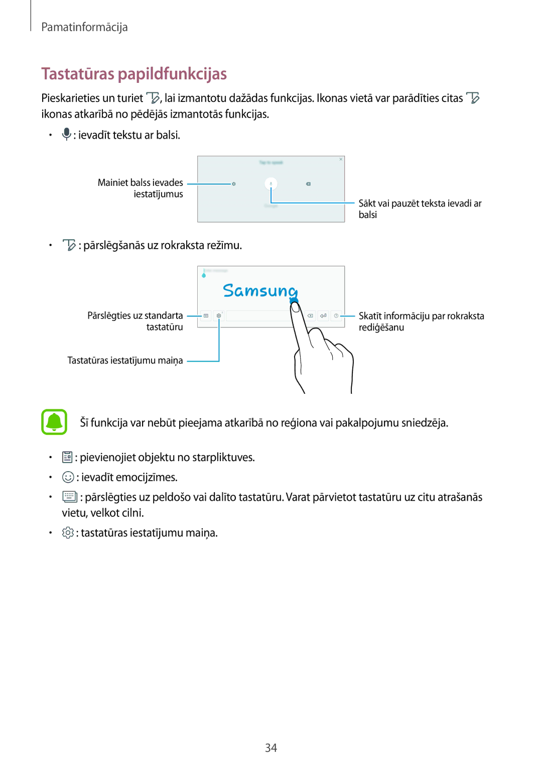 Samsung SM-T820NZKASEB manual Tastatūras papildfunkcijas, Pārslēgšanās uz rokraksta režīmu 