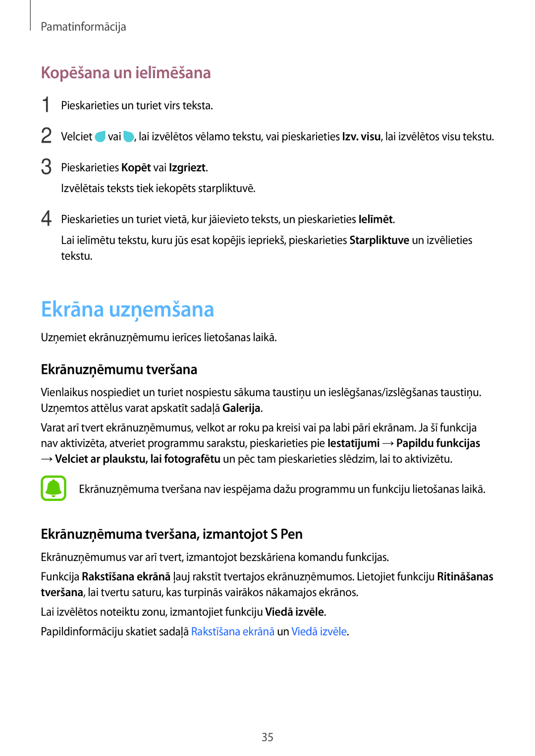 Samsung SM-T820NZKASEB manual Ekrāna uzņemšana, Kopēšana un ielīmēšana, Ekrānuzņēmumu tveršana 