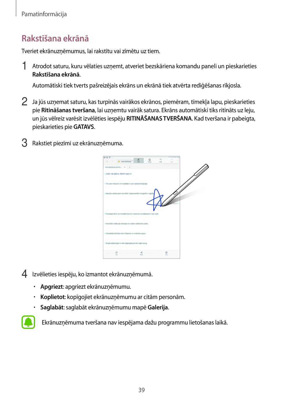 Samsung SM-T820NZKASEB manual Rakstīšana ekrānā, Tveriet ekrānuzņēmumus, lai rakstītu vai zīmētu uz tiem 