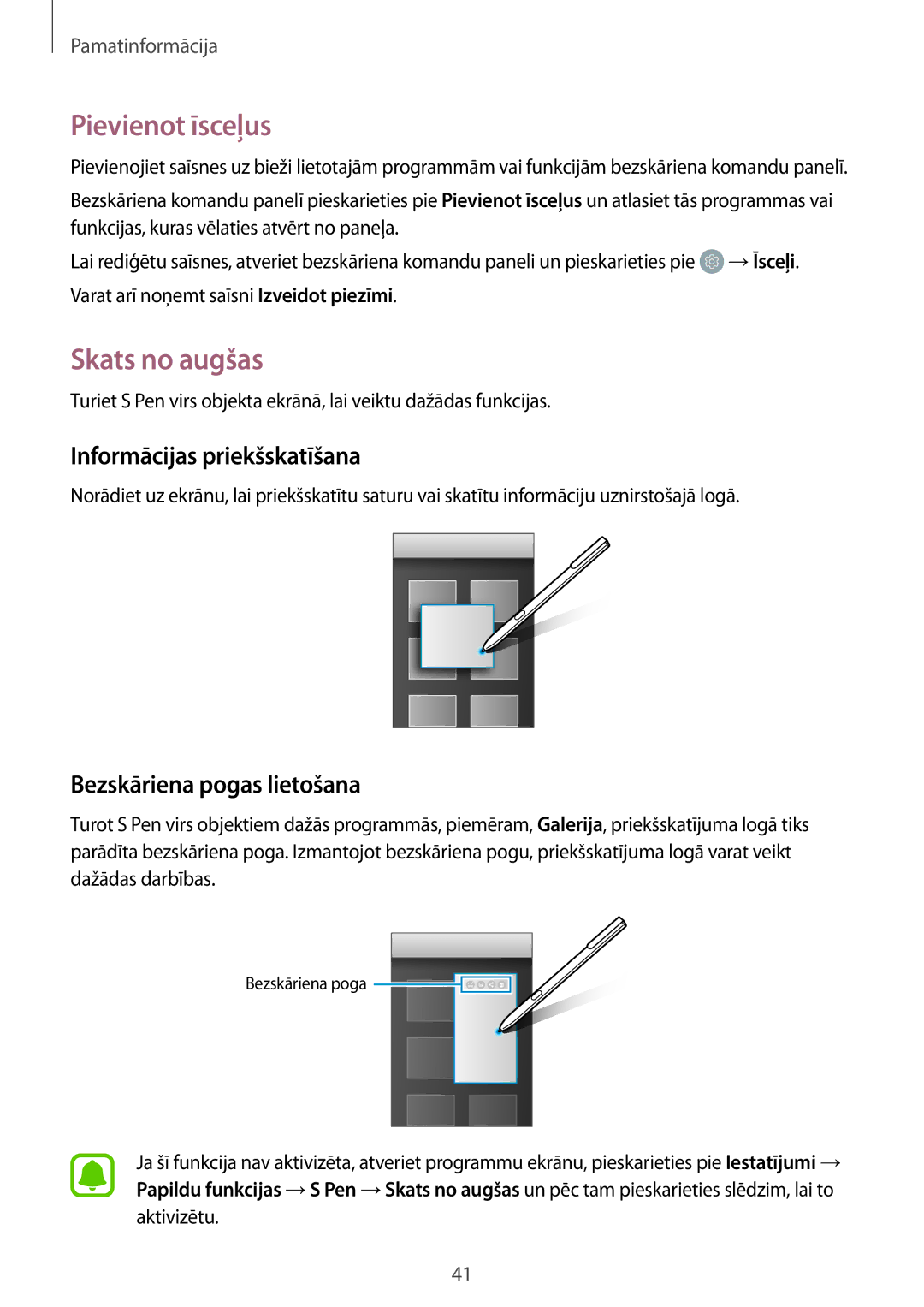 Samsung SM-T820NZKASEB manual Pievienot īsceļus, Skats no augšas, Informācijas priekšskatīšana, Bezskāriena pogas lietošana 