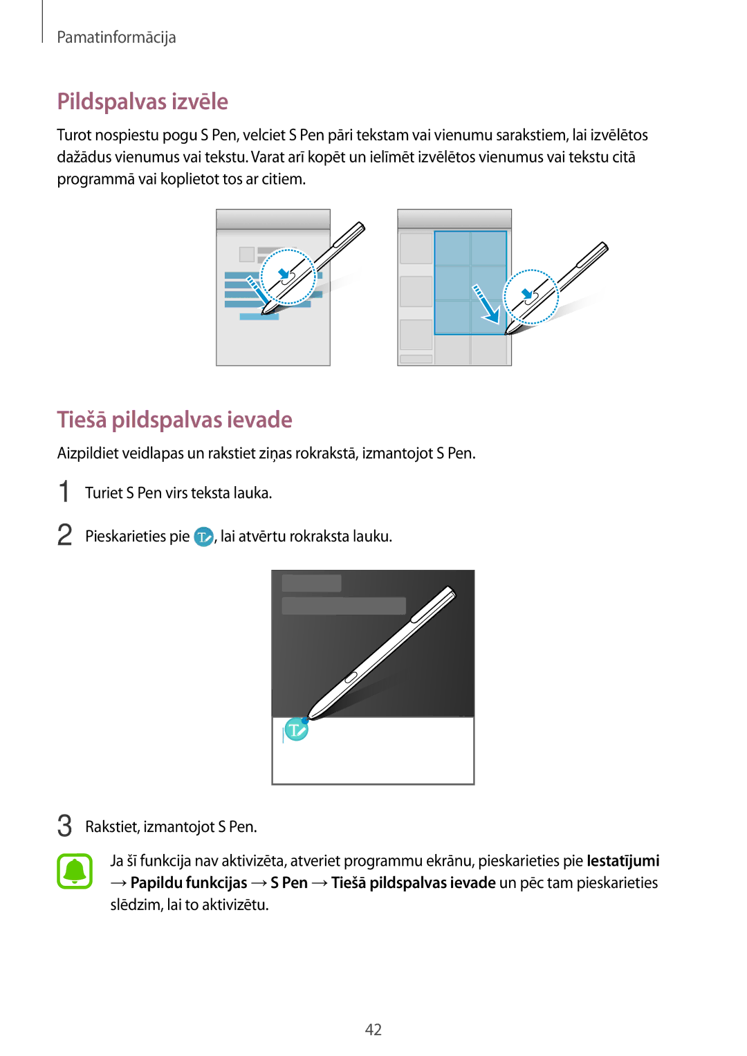 Samsung SM-T820NZKASEB manual Pildspalvas izvēle, Tiešā pildspalvas ievade 