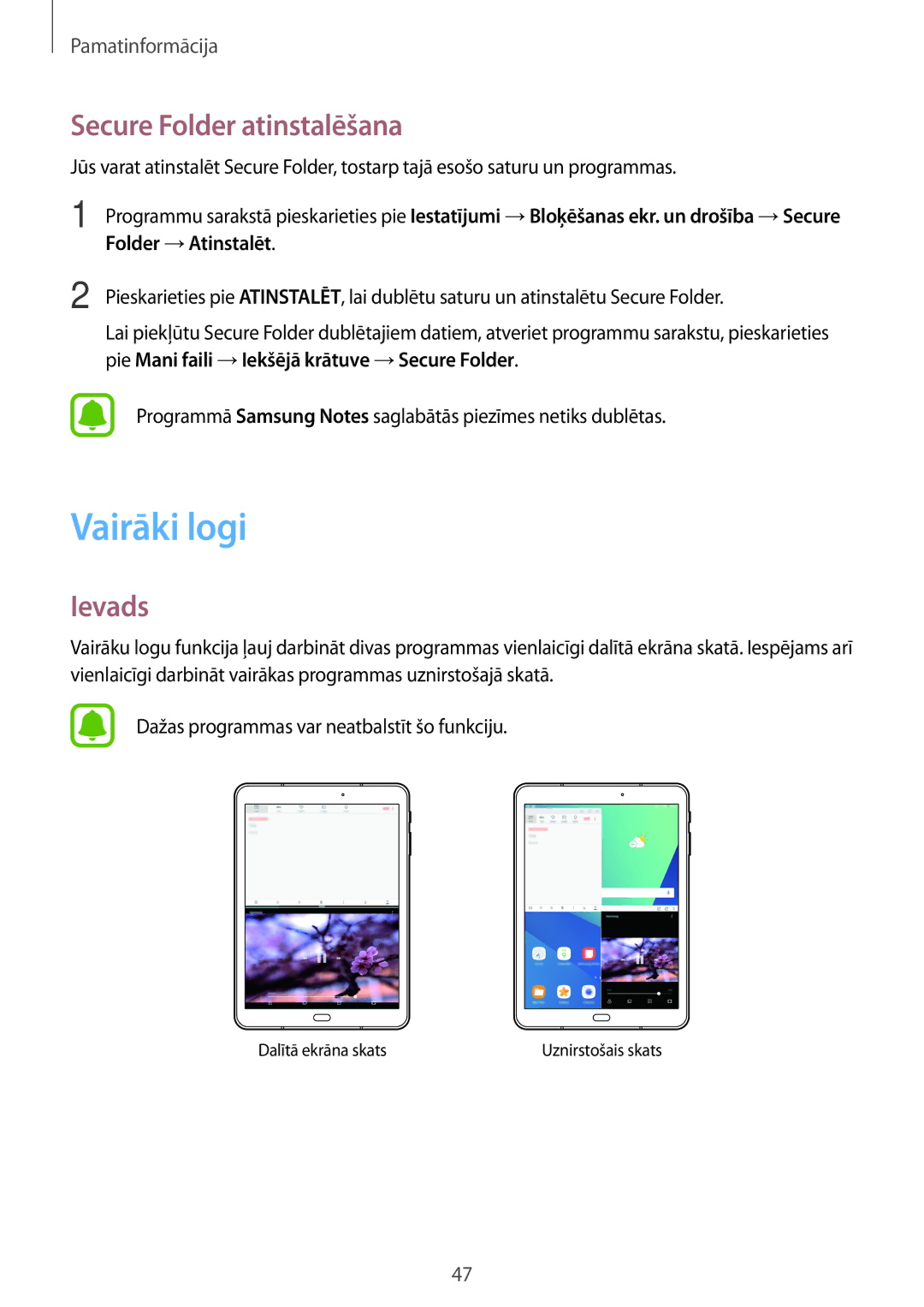 Samsung SM-T820NZKASEB manual Vairāki logi, Secure Folder atinstalēšana 