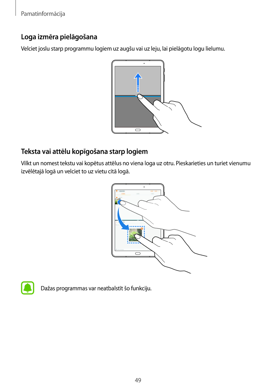 Samsung SM-T820NZKASEB manual Loga izmēra pielāgošana, Teksta vai attēlu kopīgošana starp logiem 