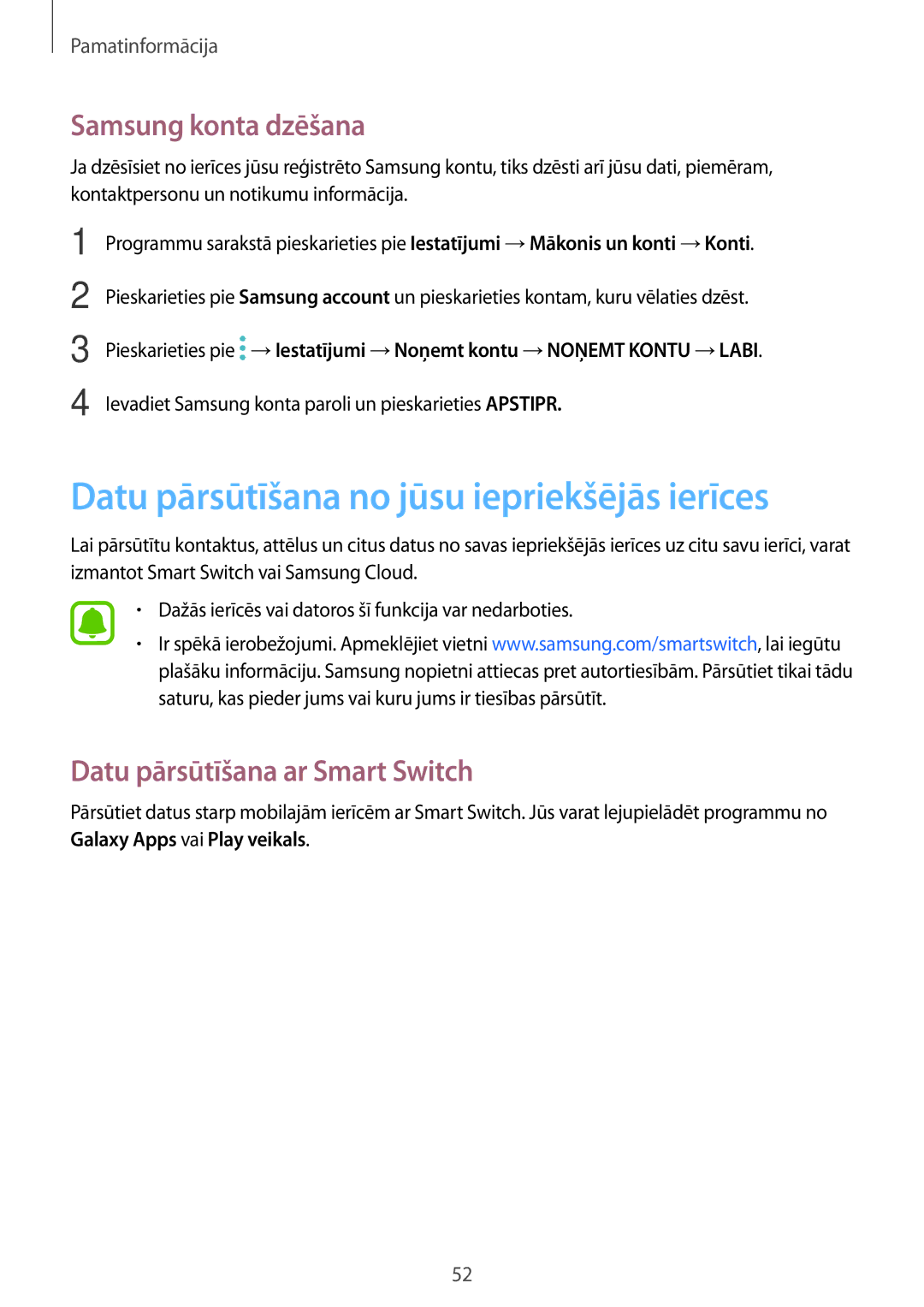 Samsung SM-T820NZKASEB manual Datu pārsūtīšana no jūsu iepriekšējās ierīces, Samsung konta dzēšana 