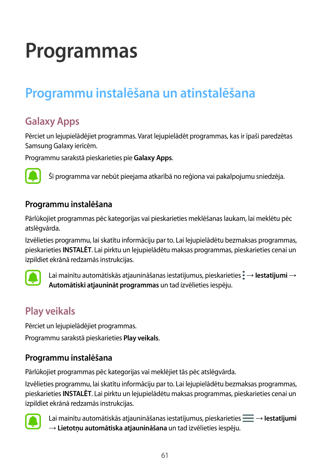 Samsung SM-T820NZKASEB manual Programmu instalēšana un atinstalēšana, Galaxy Apps, Play veikals 