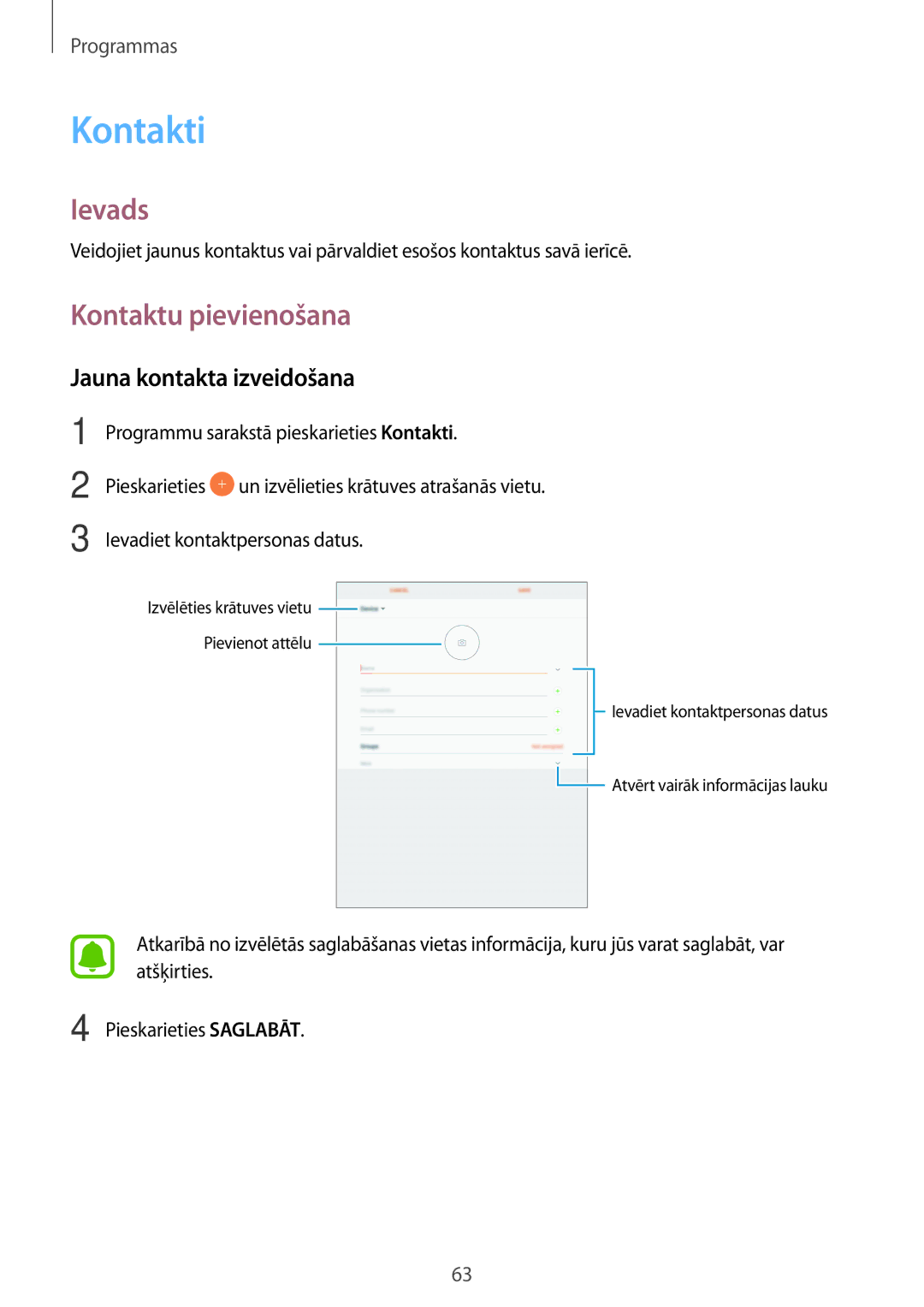 Samsung SM-T820NZKASEB manual Kontakti, Kontaktu pievienošana, Jauna kontakta izveidošana 