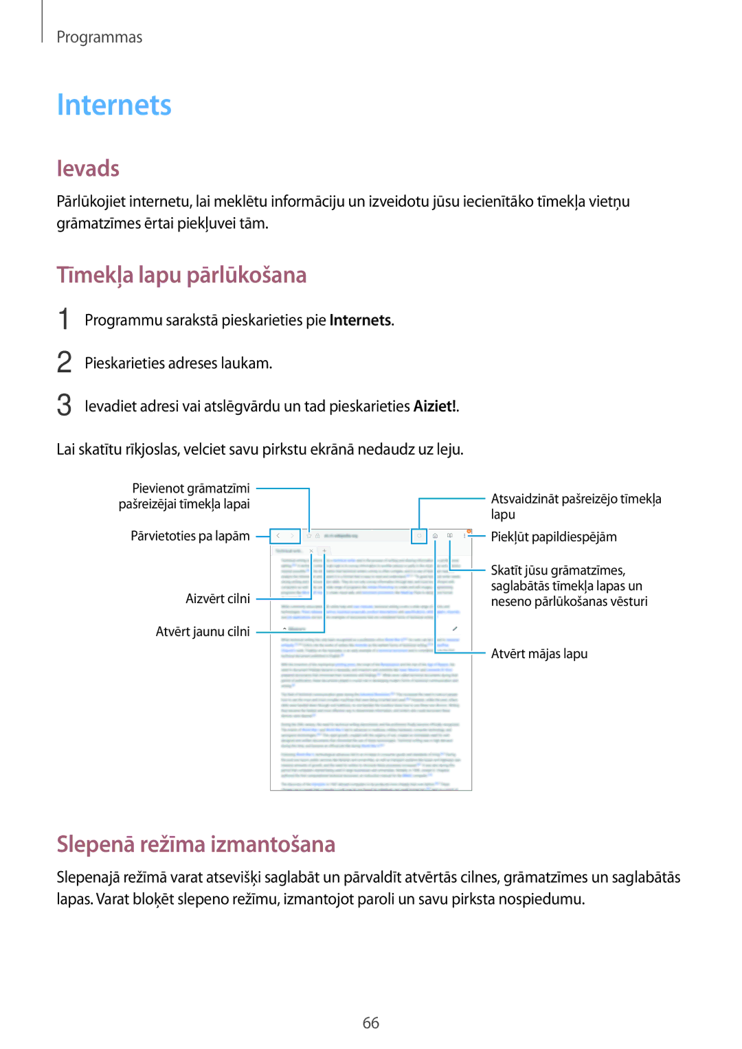 Samsung SM-T820NZKASEB manual Internets, Tīmekļa lapu pārlūkošana, Slepenā režīma izmantošana 