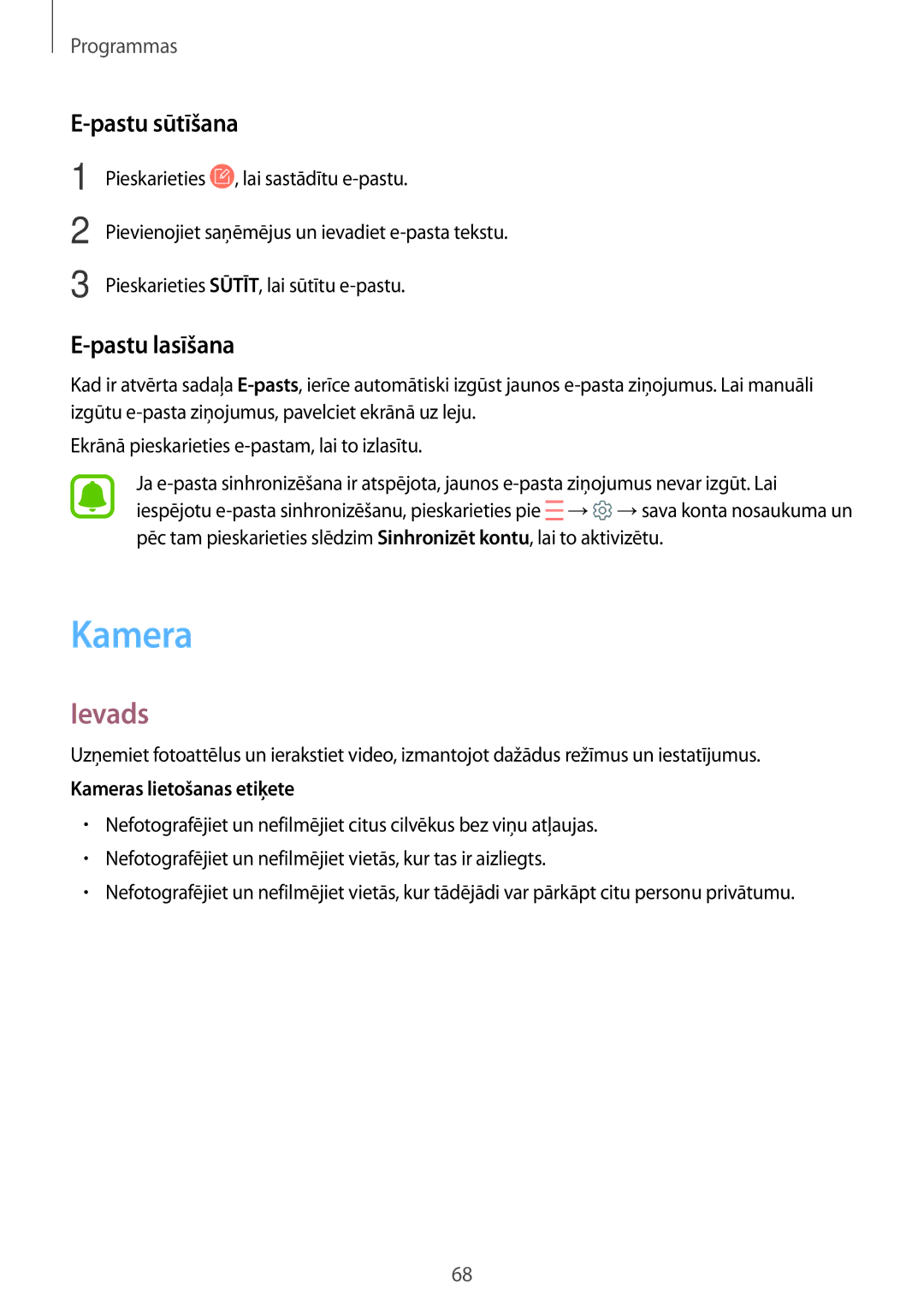 Samsung SM-T820NZKASEB manual Kamera, Pastu sūtīšana, Pastu lasīšana 