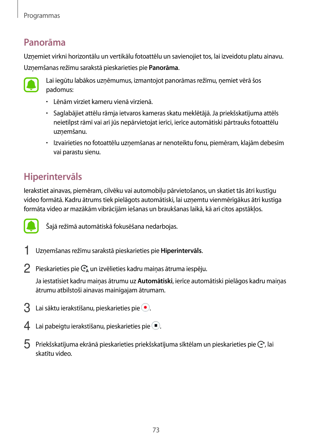 Samsung SM-T820NZKASEB manual Panorāma, Hiperintervāls 