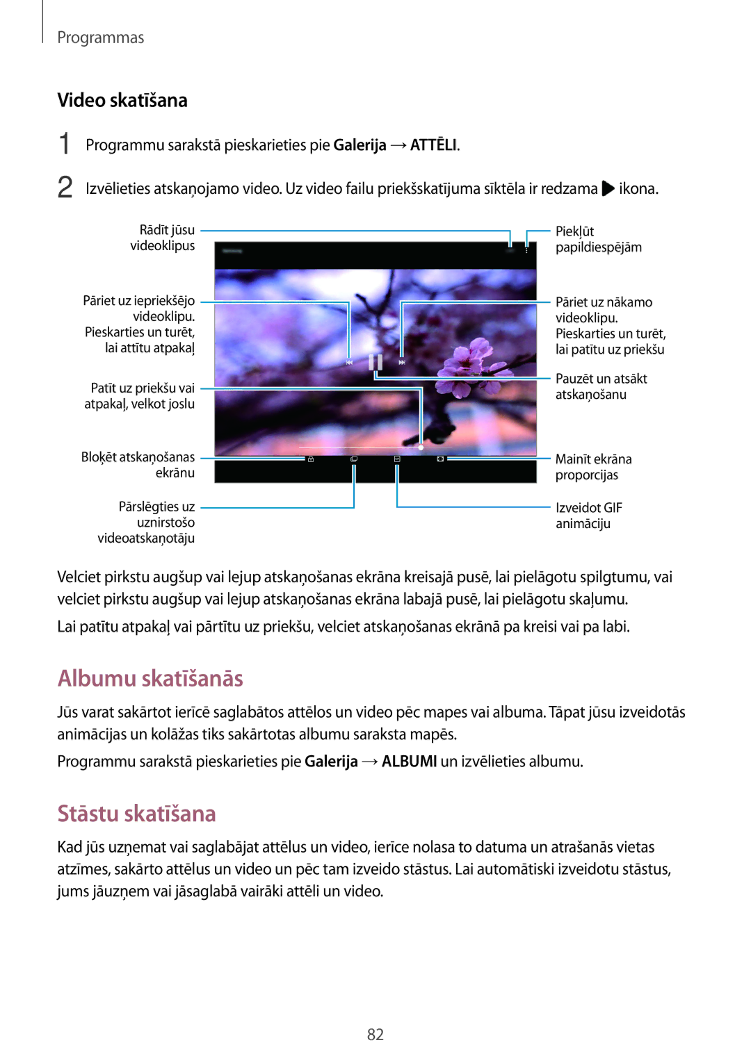 Samsung SM-T820NZKASEB manual Albumu skatīšanās, Stāstu skatīšana, Video skatīšana 