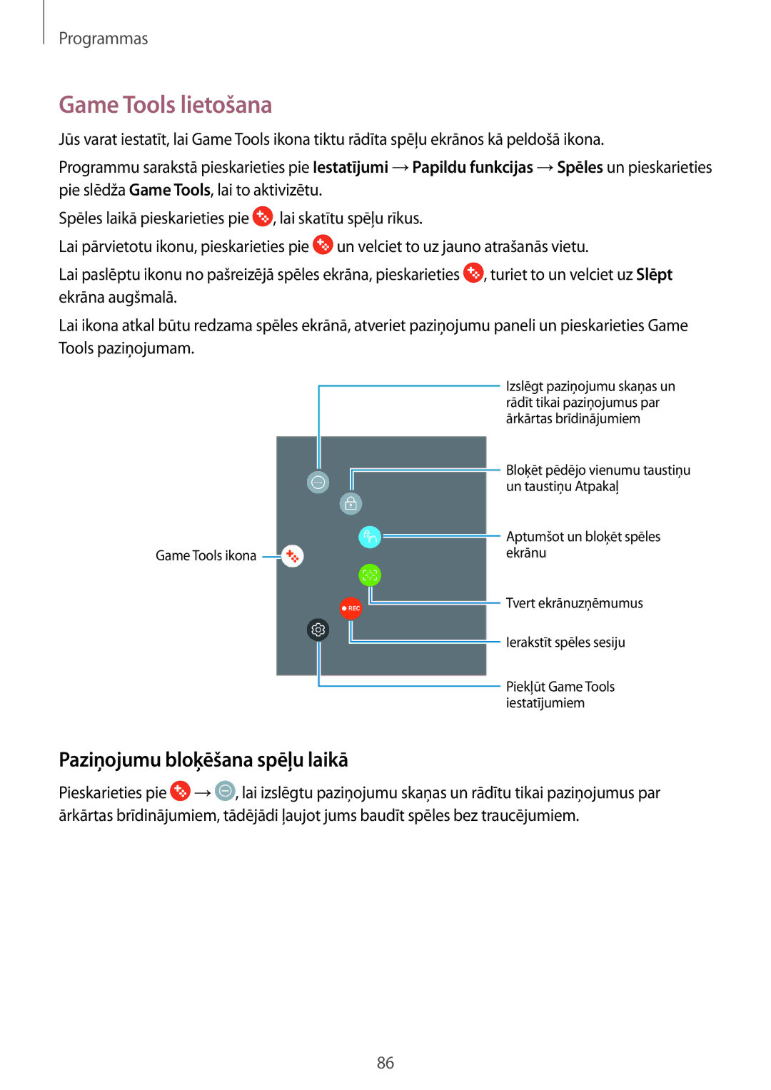 Samsung SM-T820NZKASEB manual Game Tools lietošana, Paziņojumu bloķēšana spēļu laikā 