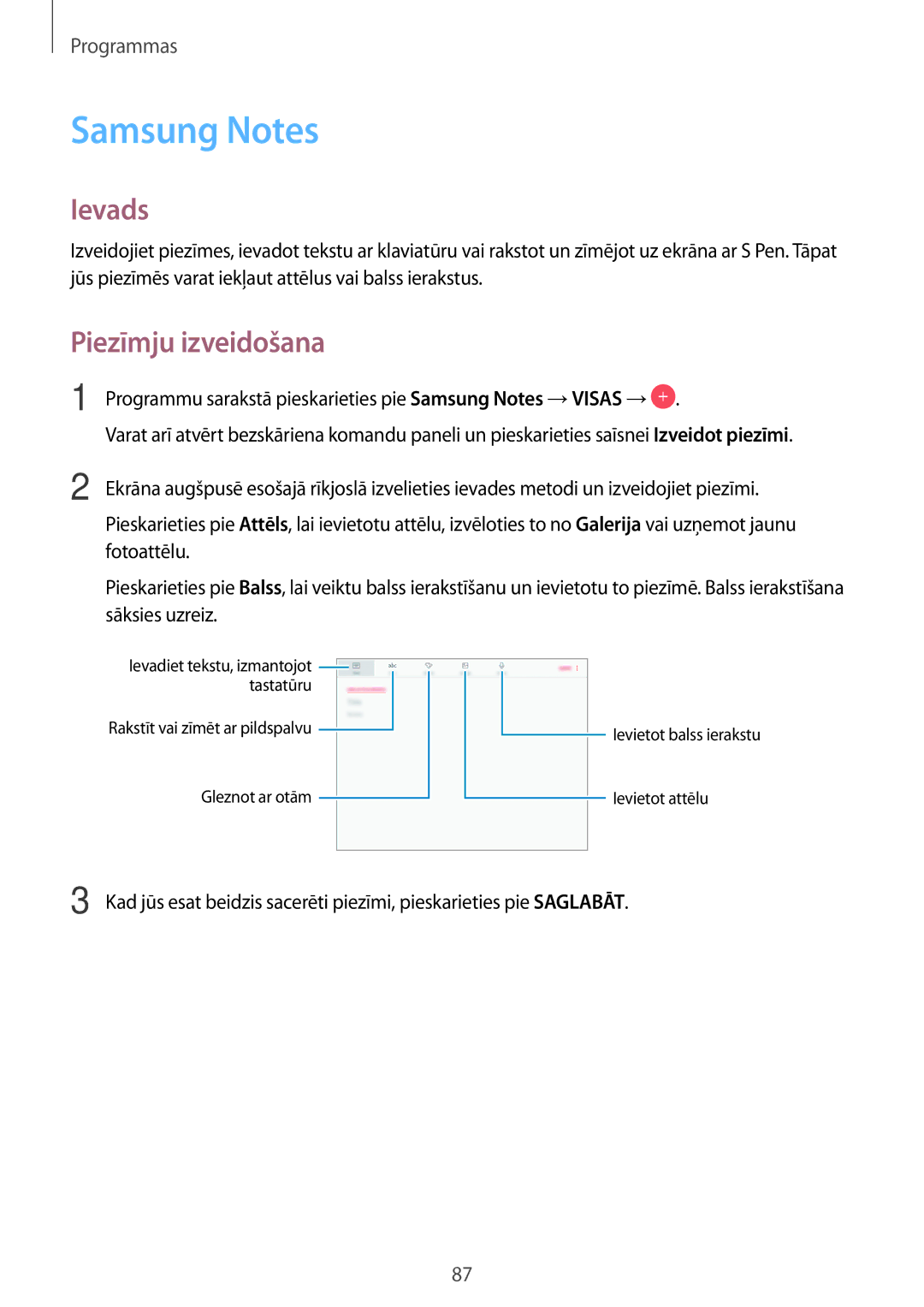 Samsung SM-T820NZKASEB manual Samsung Notes, Piezīmju izveidošana 