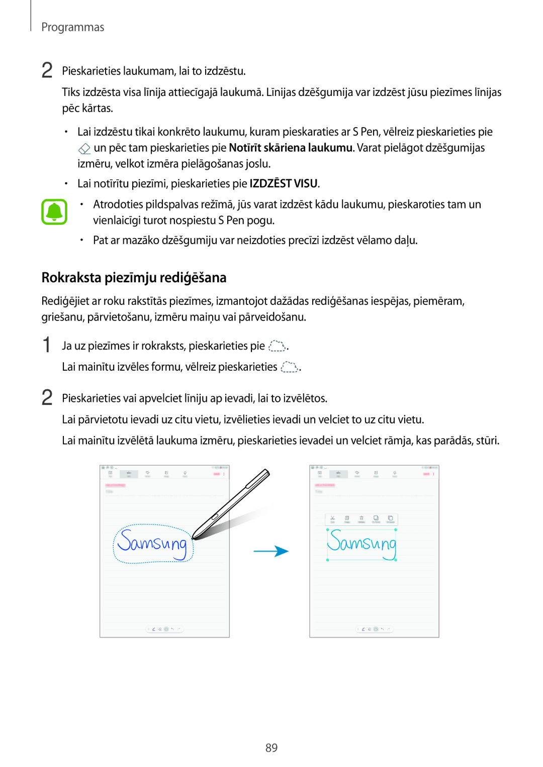 Samsung SM-T820NZKASEB manual Rokraksta piezīmju rediģēšana 