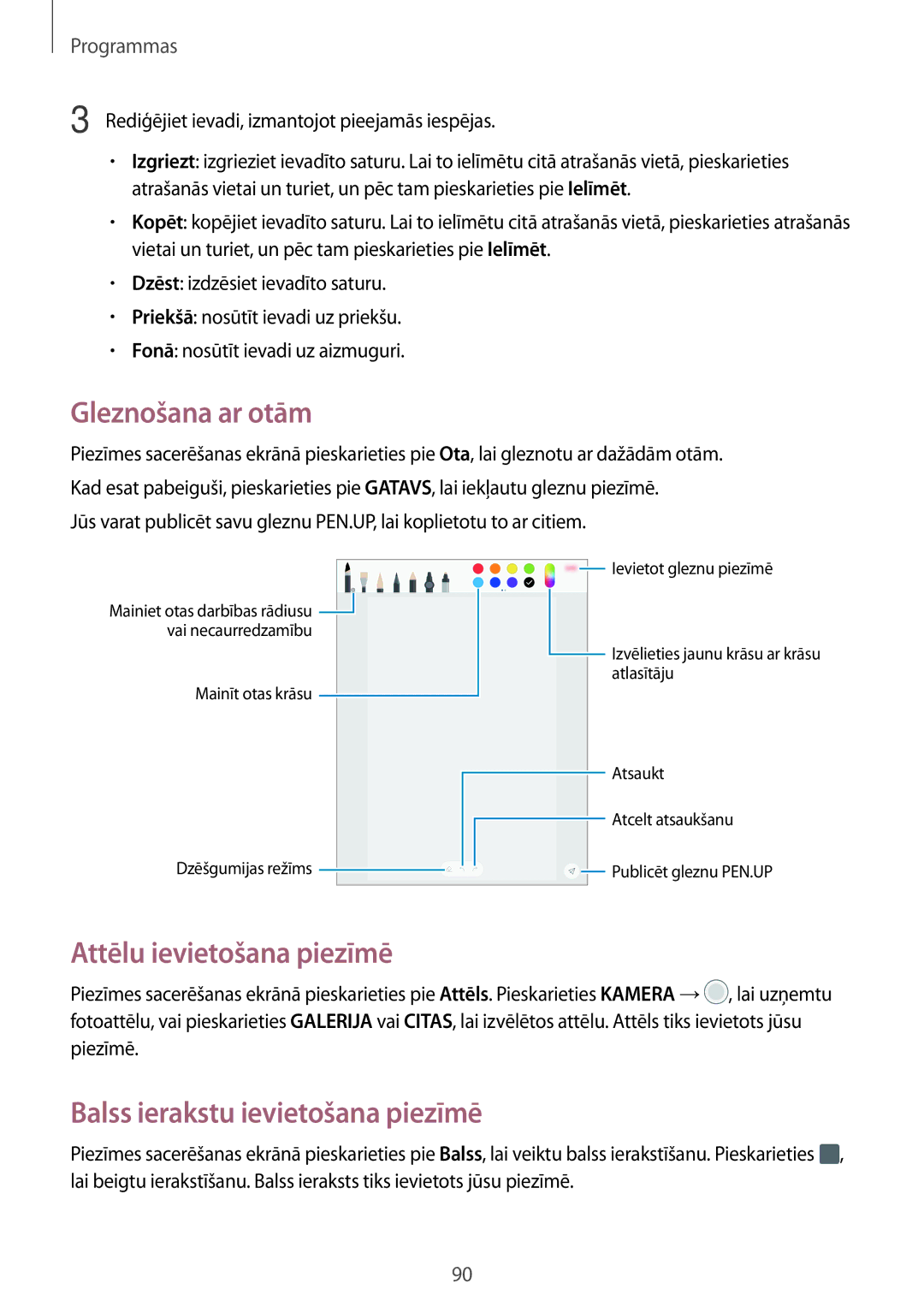 Samsung SM-T820NZKASEB manual Gleznošana ar otām, Attēlu ievietošana piezīmē, Balss ierakstu ievietošana piezīmē 