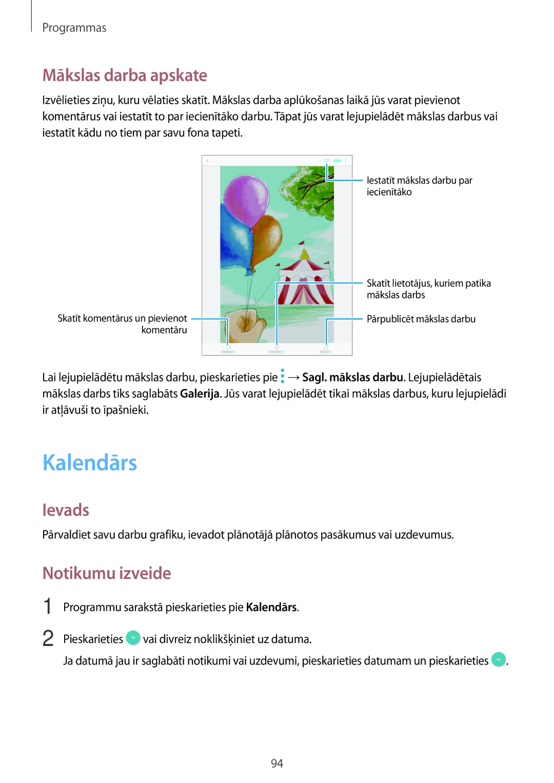 Samsung SM-T820NZKASEB manual Kalendārs, Mākslas darba apskate, Notikumu izveide 