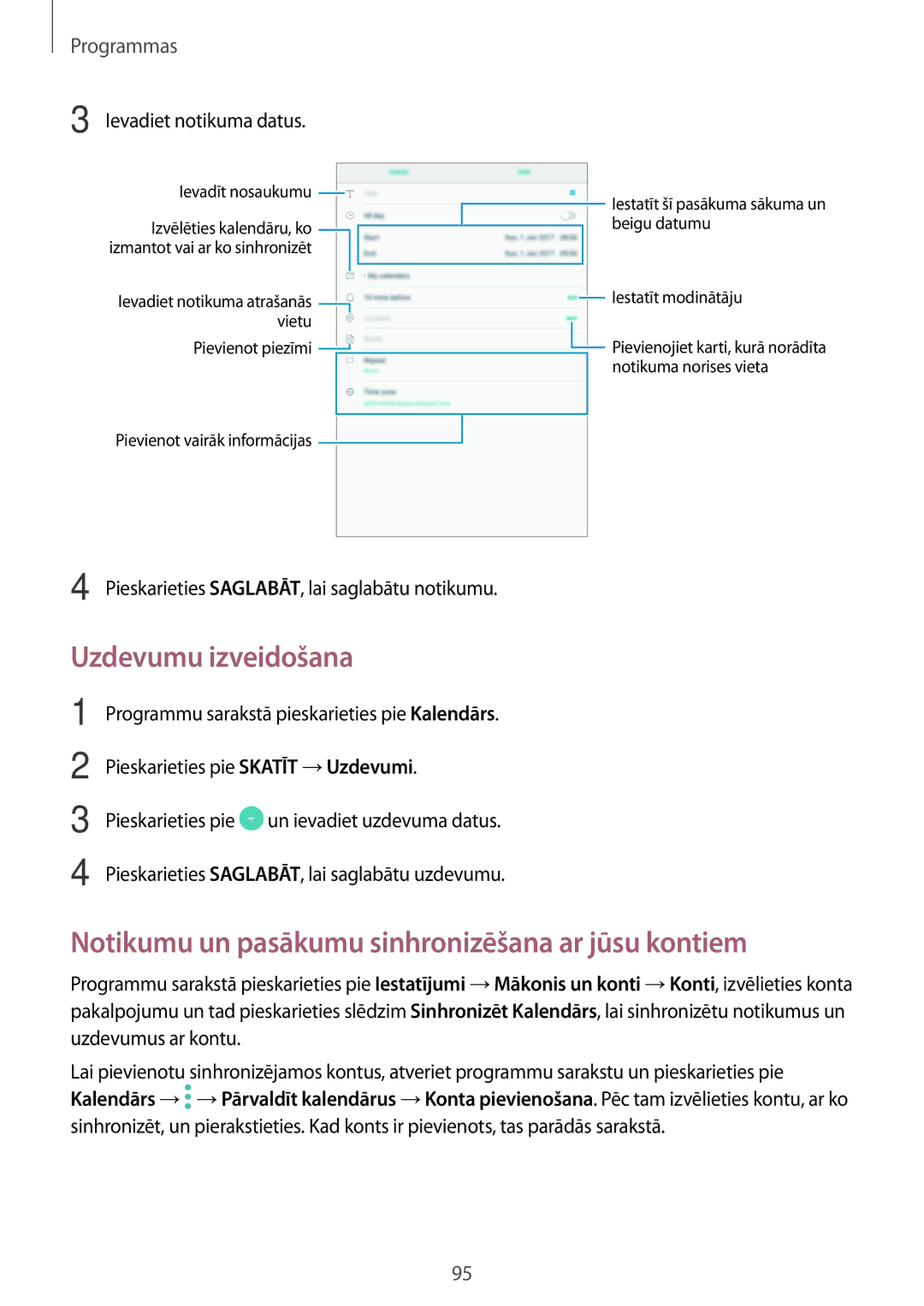 Samsung SM-T820NZKASEB Uzdevumu izveidošana, Notikumu un pasākumu sinhronizēšana ar jūsu kontiem, Ievadiet notikuma datus 