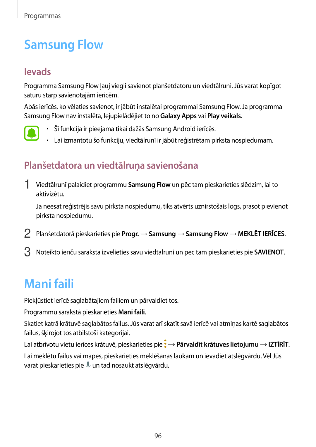 Samsung SM-T820NZKASEB manual Samsung Flow, Mani faili, Planšetdatora un viedtālruņa savienošana 