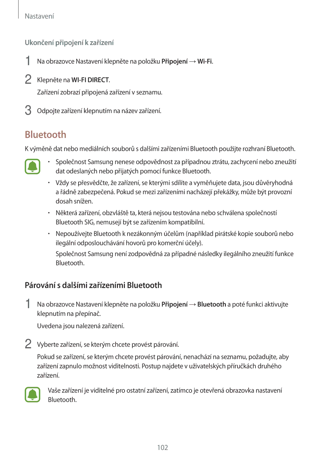 Samsung SM-T820NZSAXEH, SM-T820NZKAXSK, SM-T820NZSAXSK, SM-T820NZSAXEZ manual Párování s dalšími zařízeními Bluetooth 