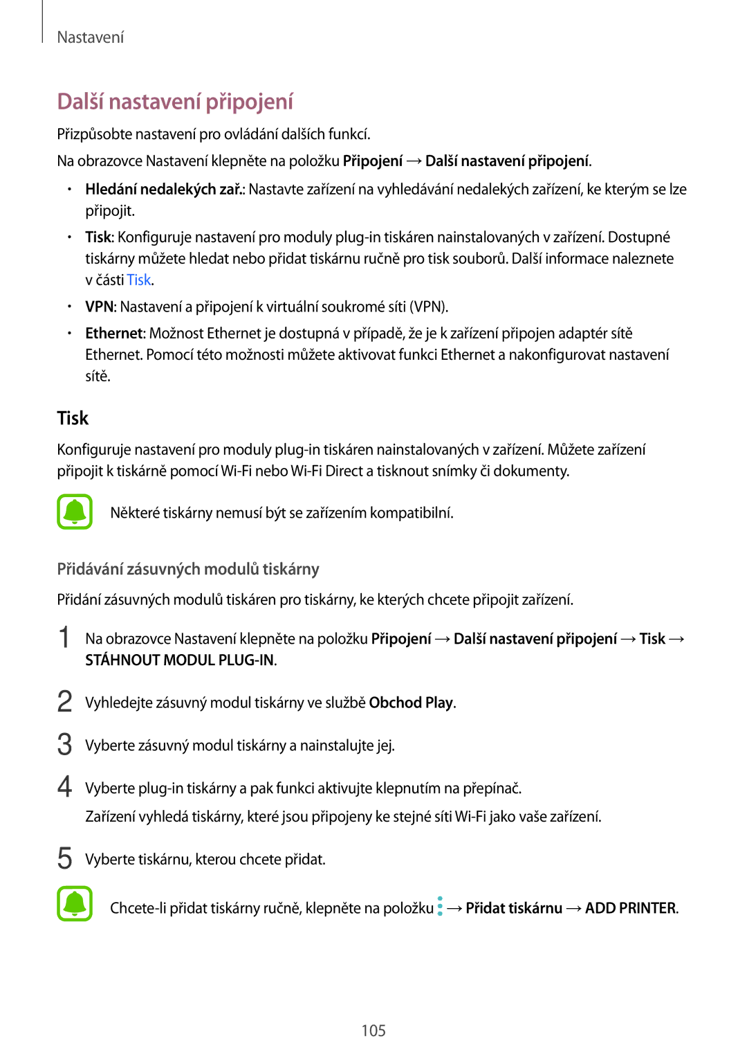 Samsung SM-T820NZKAXEH, SM-T820NZKAXSK, SM-T820NZSAXSK, SM-T820NZSAXEZ, SM-T820NZSAXEH manual Další nastavení připojení, Tisk 