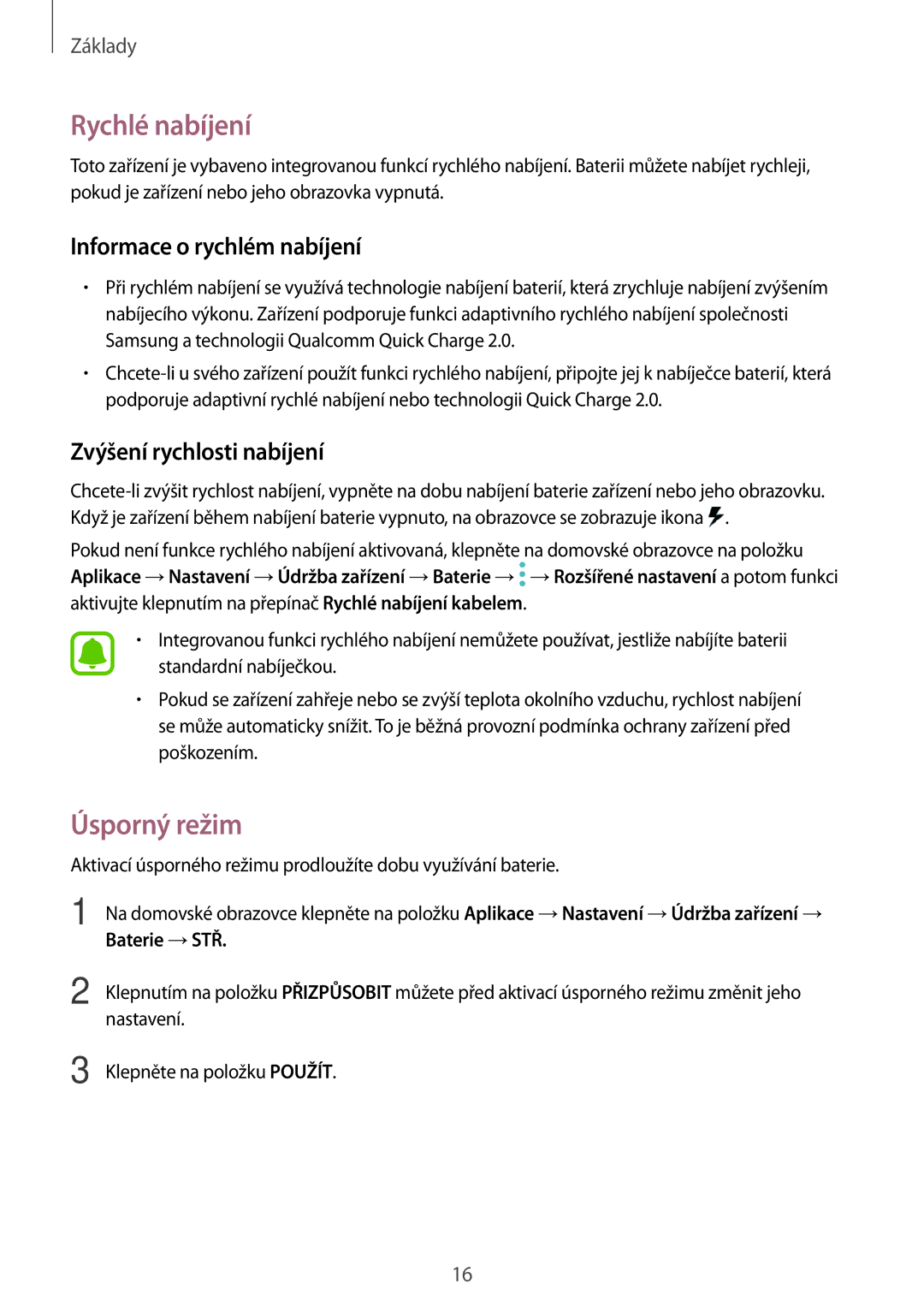 Samsung SM-T820NZKAATO manual Rychlé nabíjení, Úsporný režim, Informace o rychlém nabíjení, Zvýšení rychlosti nabíjení 