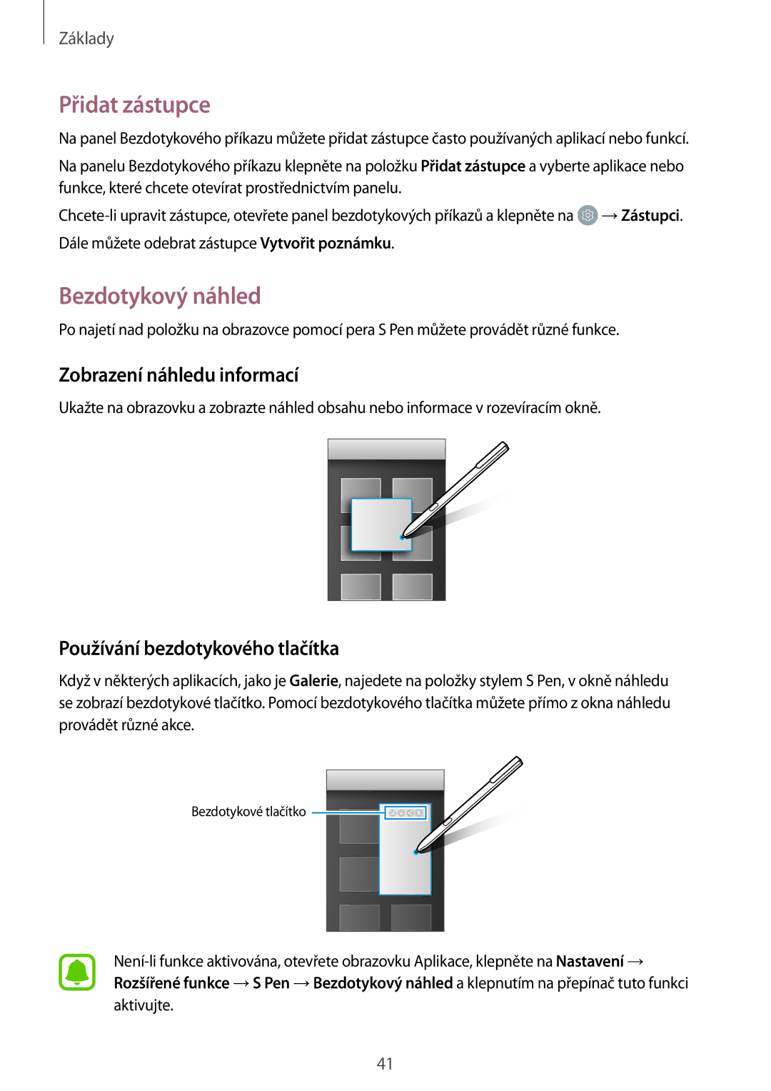 Samsung SM-T820NZKAXEZ Přidat zástupce, Bezdotykový náhled, Zobrazení náhledu informací, Používání bezdotykového tlačítka 