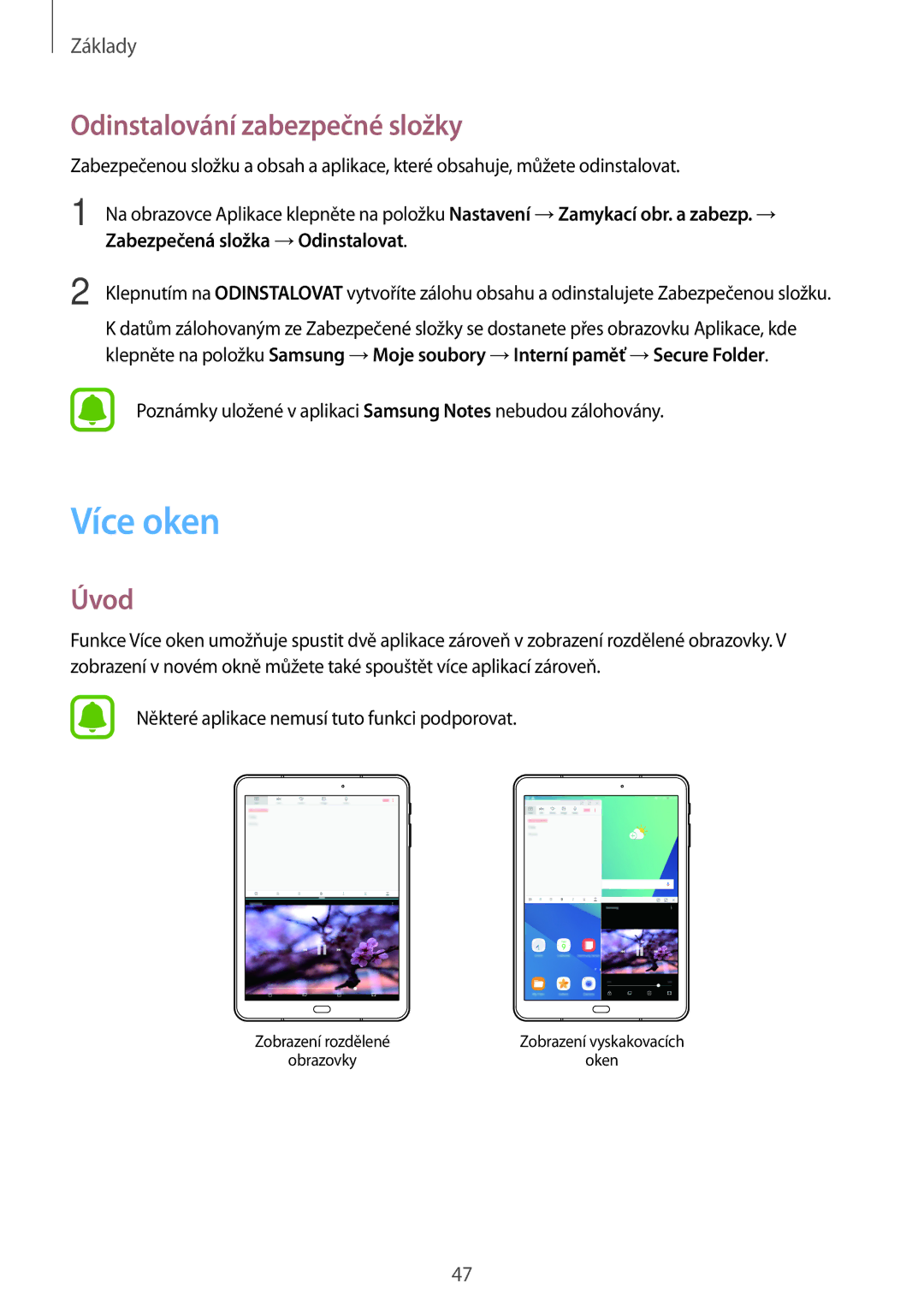 Samsung SM-T820NZSAXEZ, SM-T820NZKAXSK, SM-T820NZSAXSK, SM-T820NZSAXEH manual Více oken, Odinstalování zabezpečné složky 