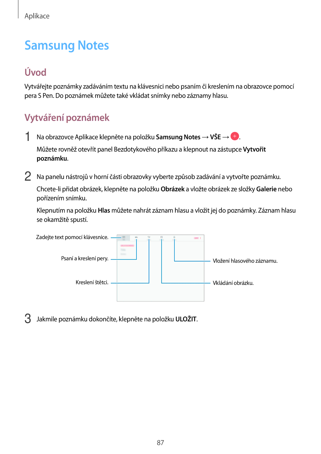 Samsung SM-T820NZKAXEH, SM-T820NZKAXSK, SM-T820NZSAXSK, SM-T820NZSAXEZ, SM-T820NZSAXEH manual Samsung Notes, Vytváření poznámek 