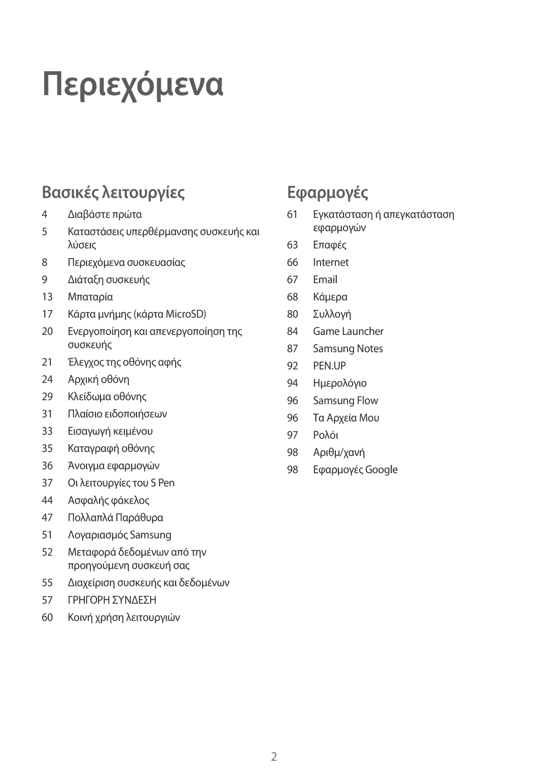 Samsung SM-T820NZSAEUR, SM-T820NZKAEUR manual Περιεχόμενα 