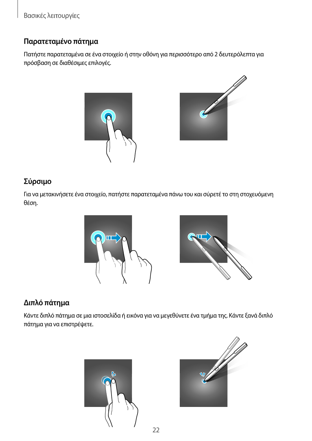 Samsung SM-T820NZSAEUR, SM-T820NZKAEUR manual Παρατεταμένο πάτημα, Σύρσιμο, Διπλό πάτημα 