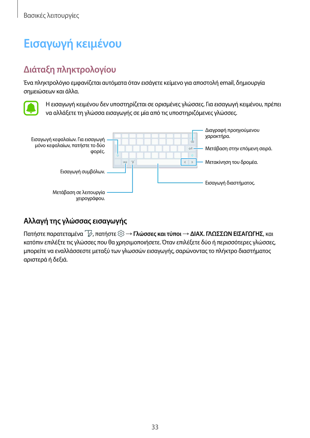 Samsung SM-T820NZKAEUR, SM-T820NZSAEUR manual Εισαγωγή κειμένου, Διάταξη πληκτρολογίου, Αλλαγή της γλώσσας εισαγωγής 