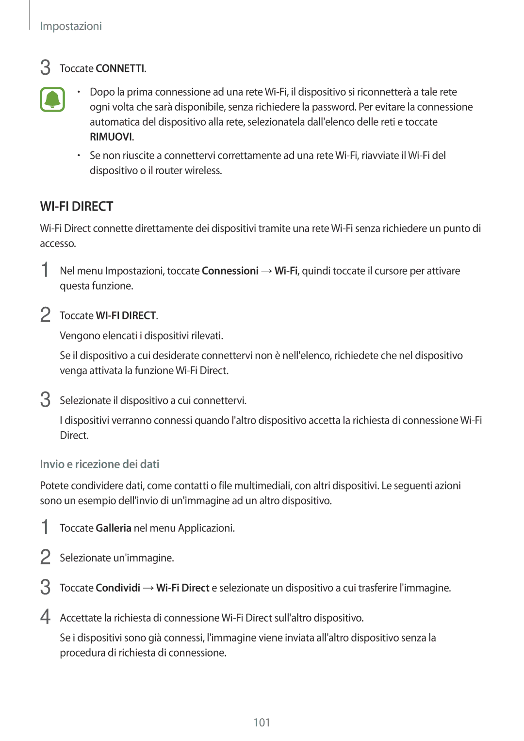 Samsung SM-T820NZKAITV, SM-T820NZSAITV manual Impostazioni, Toccate WI-FI Direct 