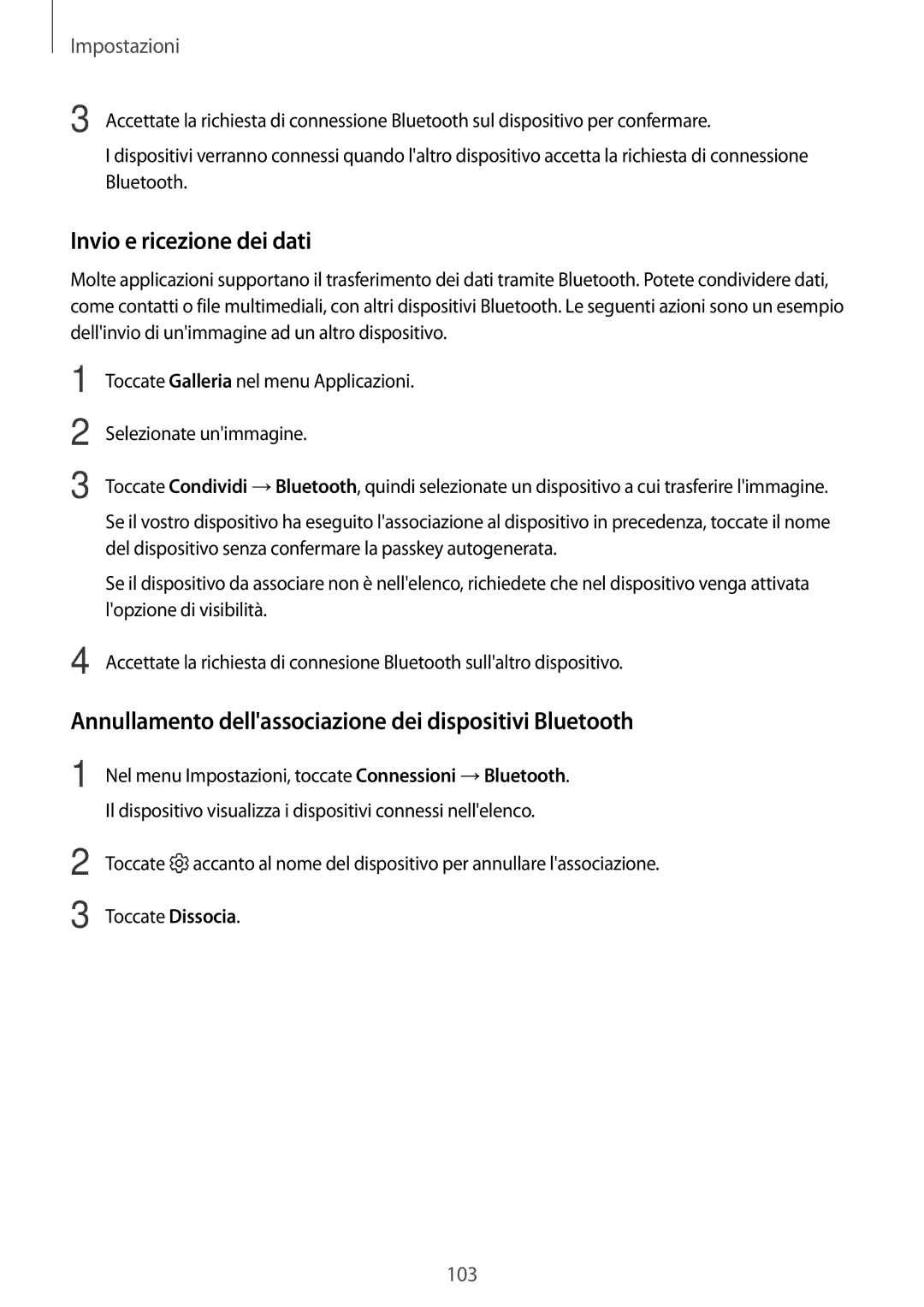 Samsung SM-T820NZKAITV, SM-T820NZSAITV Invio e ricezione dei dati, Annullamento dellassociazione dei dispositivi Bluetooth 