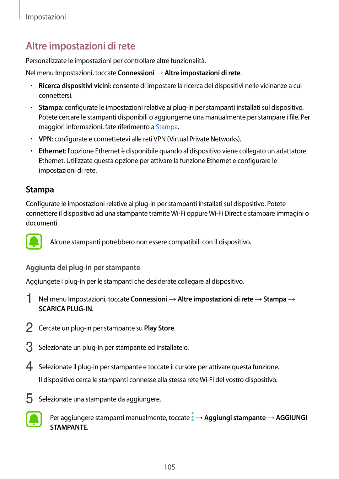 Samsung SM-T820NZKAITV, SM-T820NZSAITV manual Altre impostazioni di rete, Stampa 