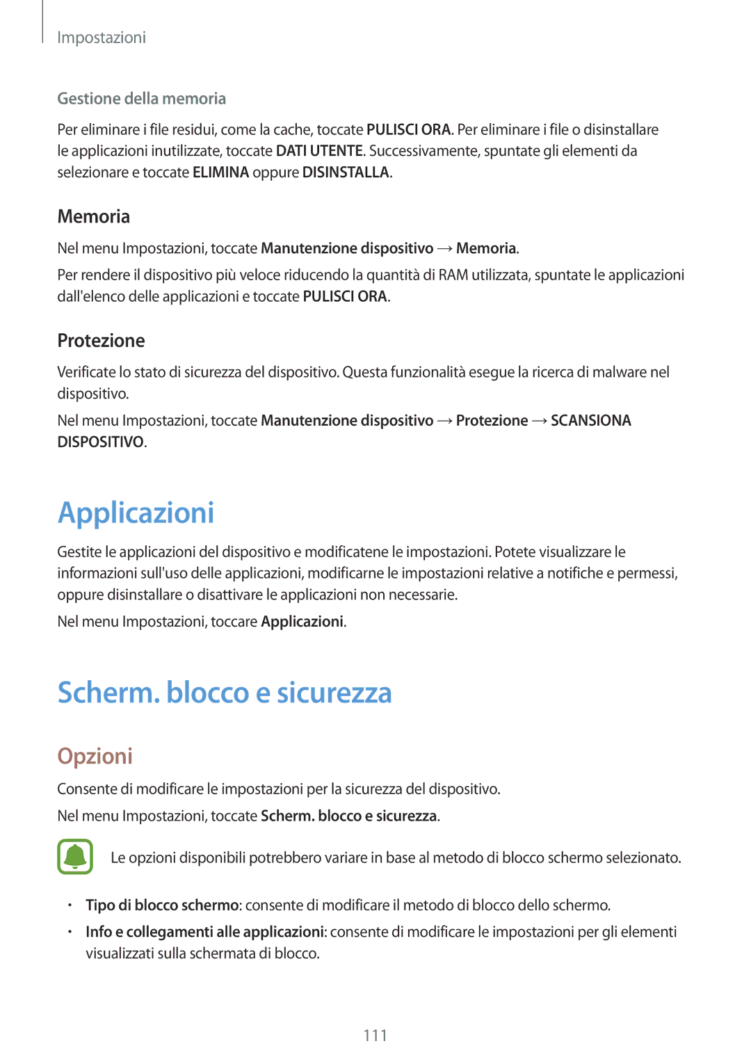 Samsung SM-T820NZKAITV, SM-T820NZSAITV manual Applicazioni, Scherm. blocco e sicurezza, Protezione 