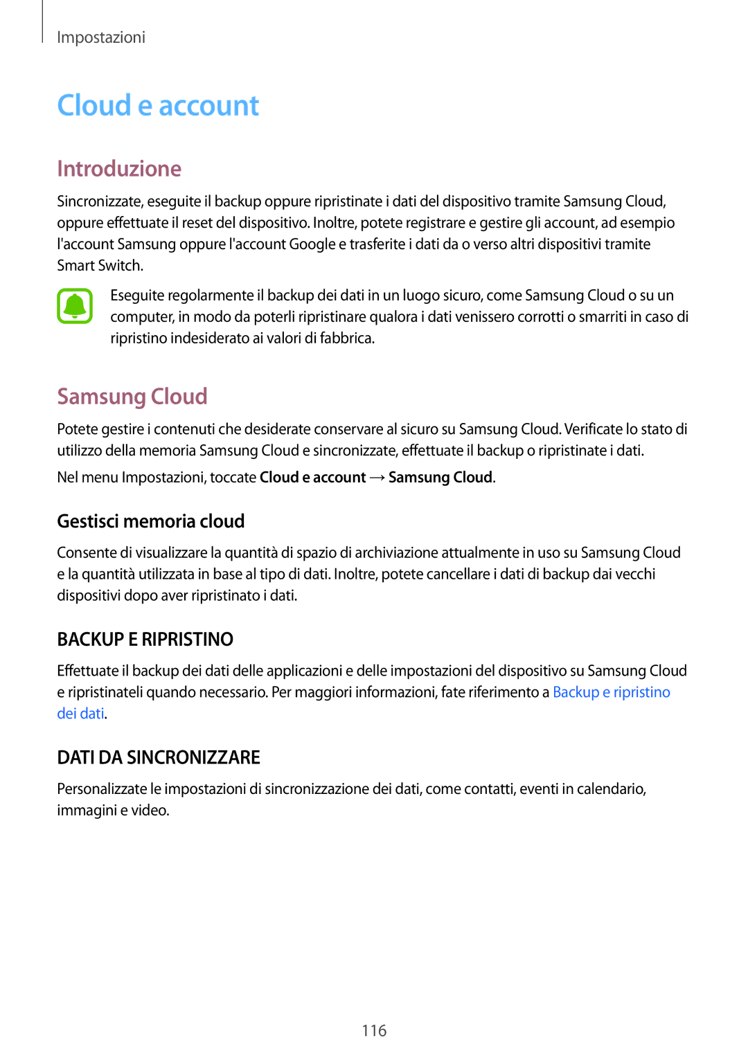 Samsung SM-T820NZSAITV, SM-T820NZKAITV manual Cloud e account, Samsung Cloud, Gestisci memoria cloud 