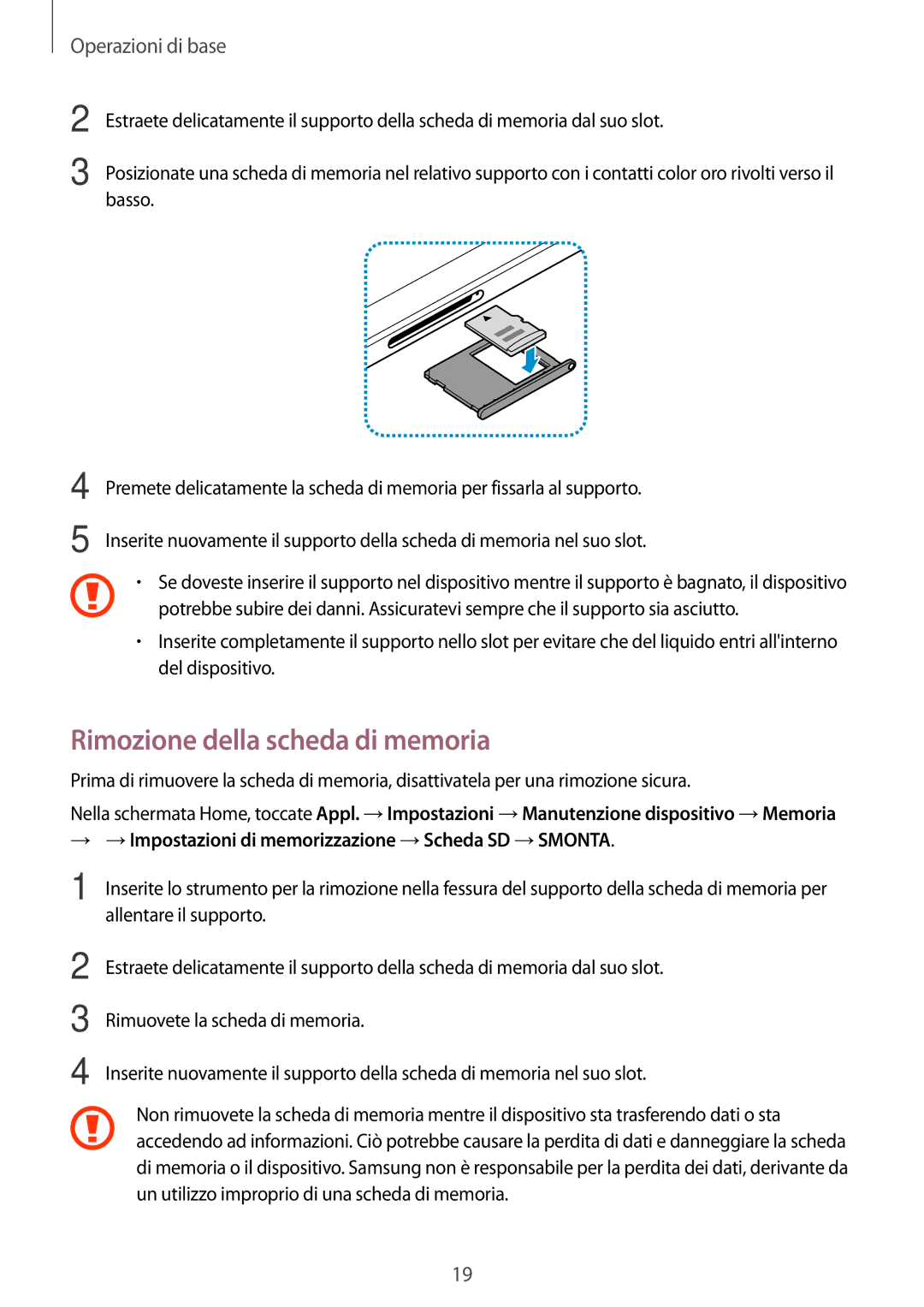 Samsung SM-T820NZKAITV, SM-T820NZSAITV manual Rimozione della scheda di memoria 