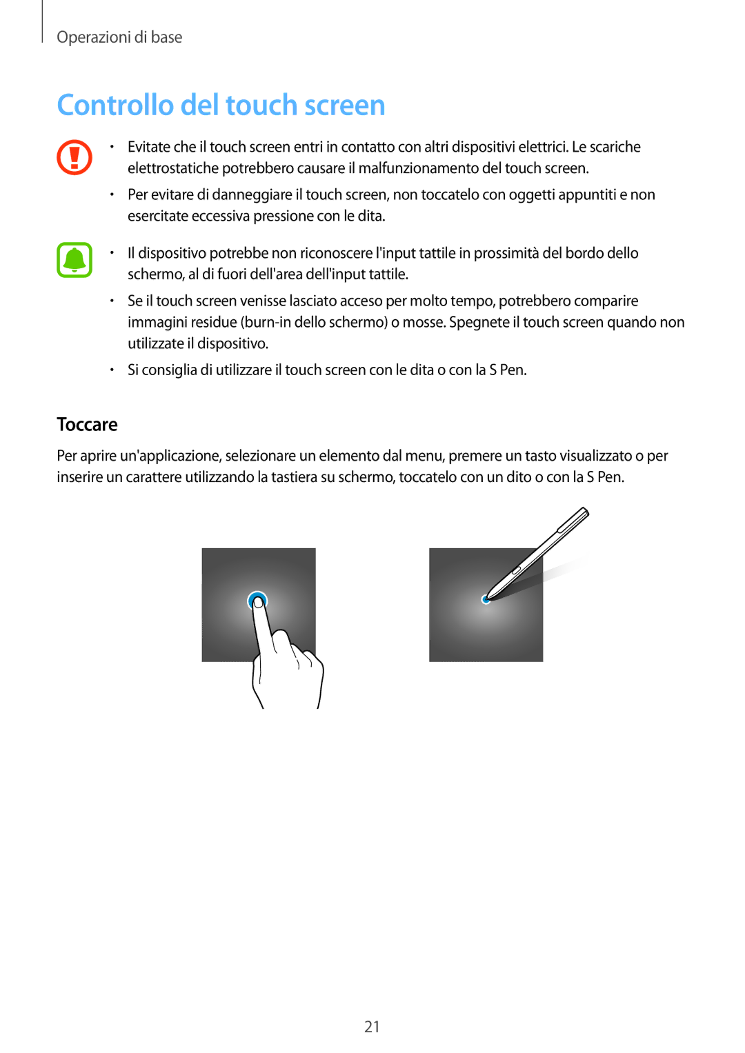 Samsung SM-T820NZKAITV, SM-T820NZSAITV manual Controllo del touch screen, Toccare 