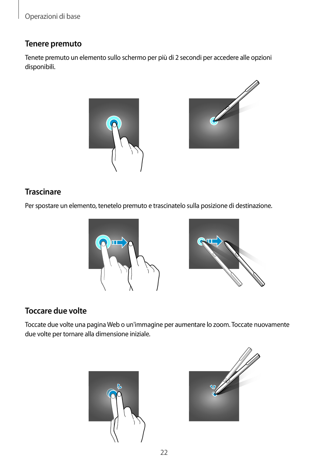 Samsung SM-T820NZSAITV, SM-T820NZKAITV manual Tenere premuto, Trascinare, Toccare due volte 
