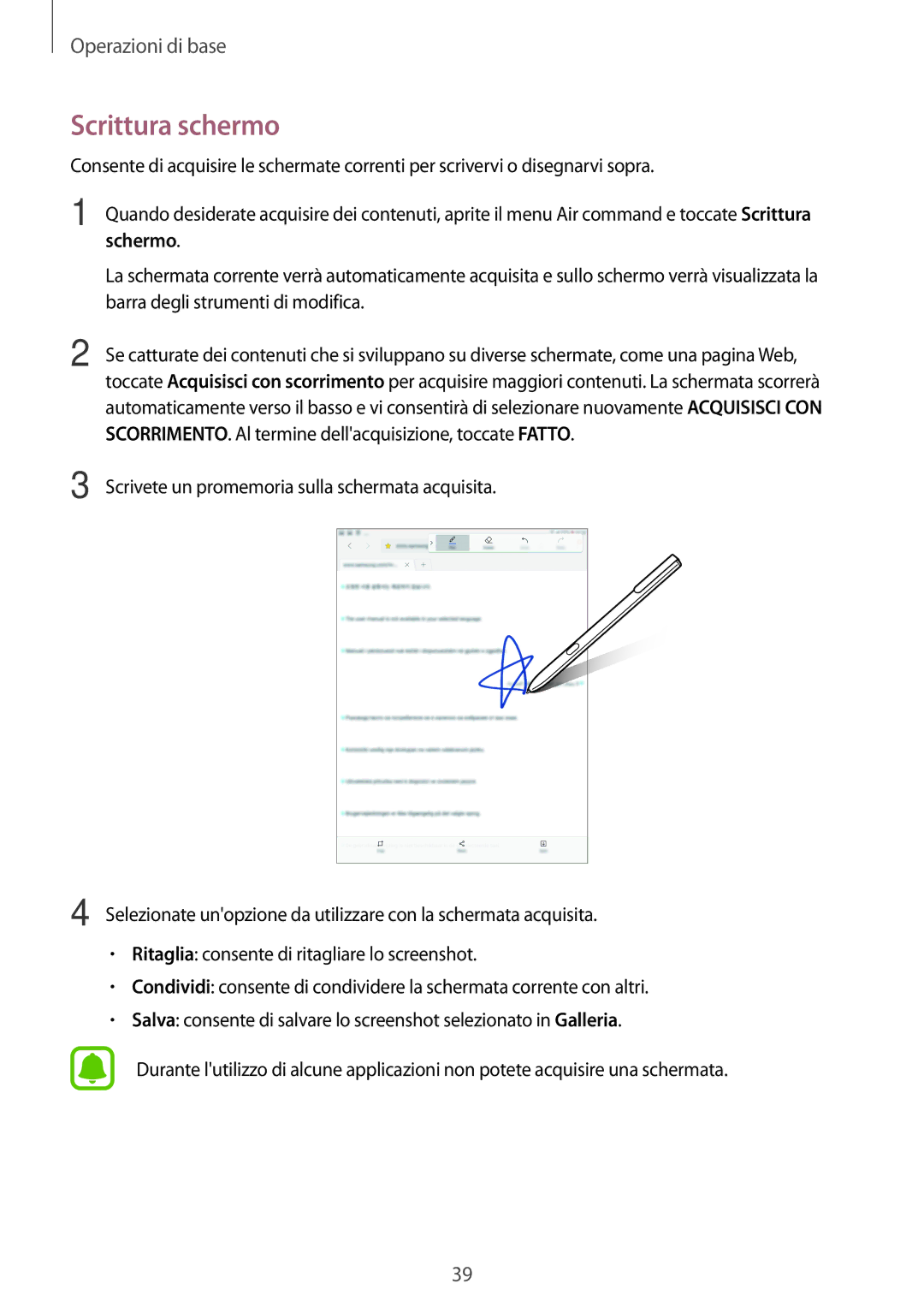 Samsung SM-T820NZKAITV, SM-T820NZSAITV manual Scrittura schermo, Schermo 