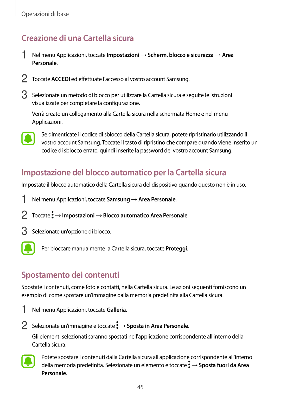 Samsung SM-T820NZKAITV manual Creazione di una Cartella sicura, Impostazione del blocco automatico per la Cartella sicura 