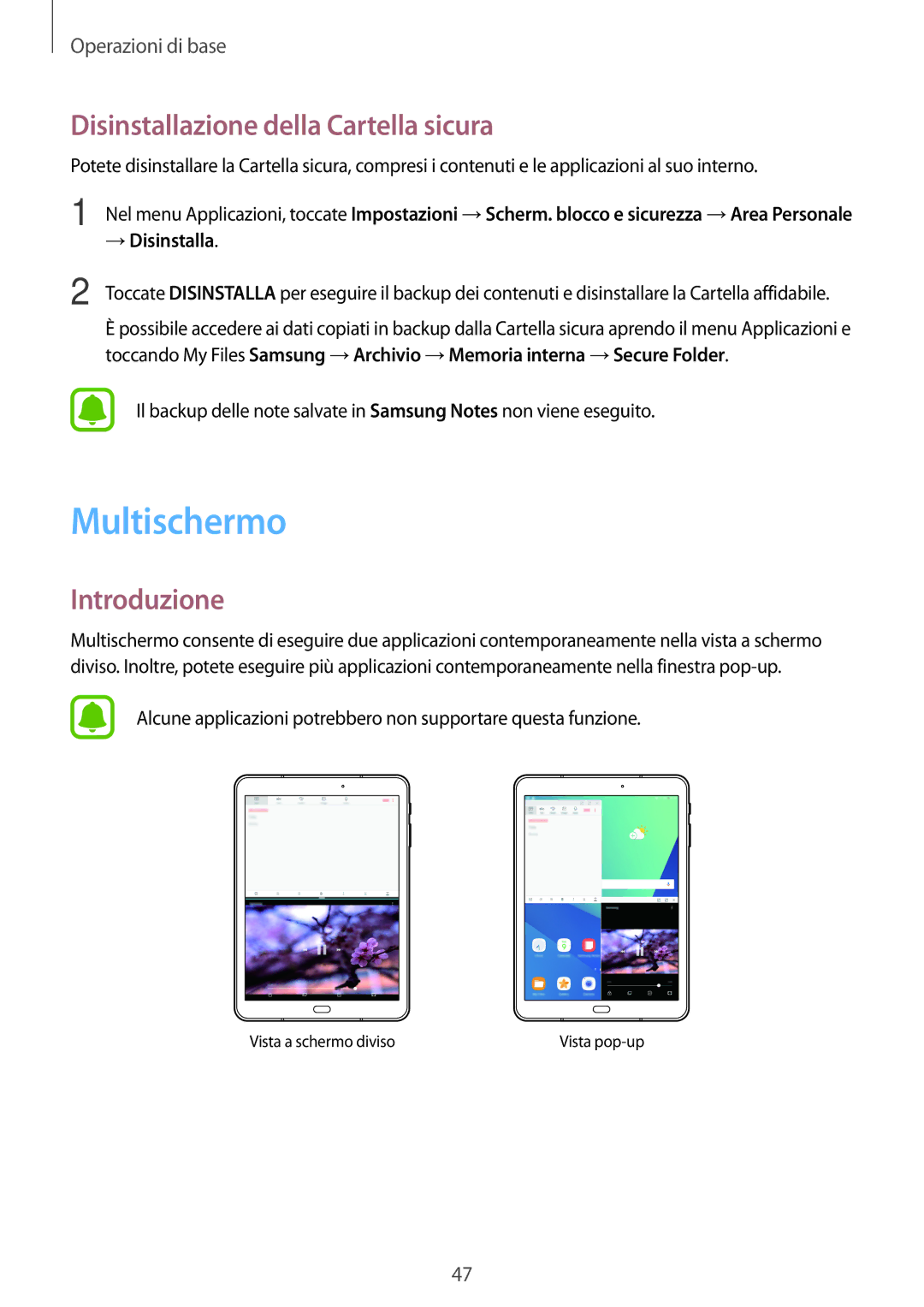 Samsung SM-T820NZKAITV, SM-T820NZSAITV manual Multischermo, Disinstallazione della Cartella sicura, → Disinstalla 