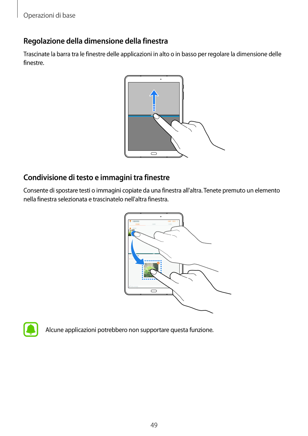 Samsung SM-T820NZKAITV manual Regolazione della dimensione della finestra, Condivisione di testo e immagini tra finestre 