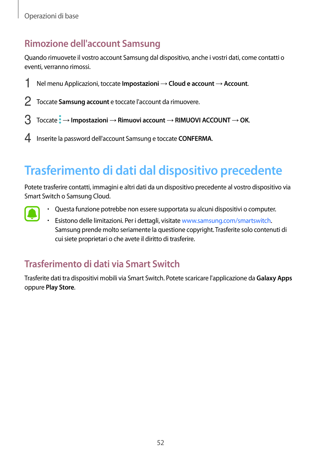 Samsung SM-T820NZSAITV, SM-T820NZKAITV manual Rimozione dellaccount Samsung, Trasferimento di dati via Smart Switch 