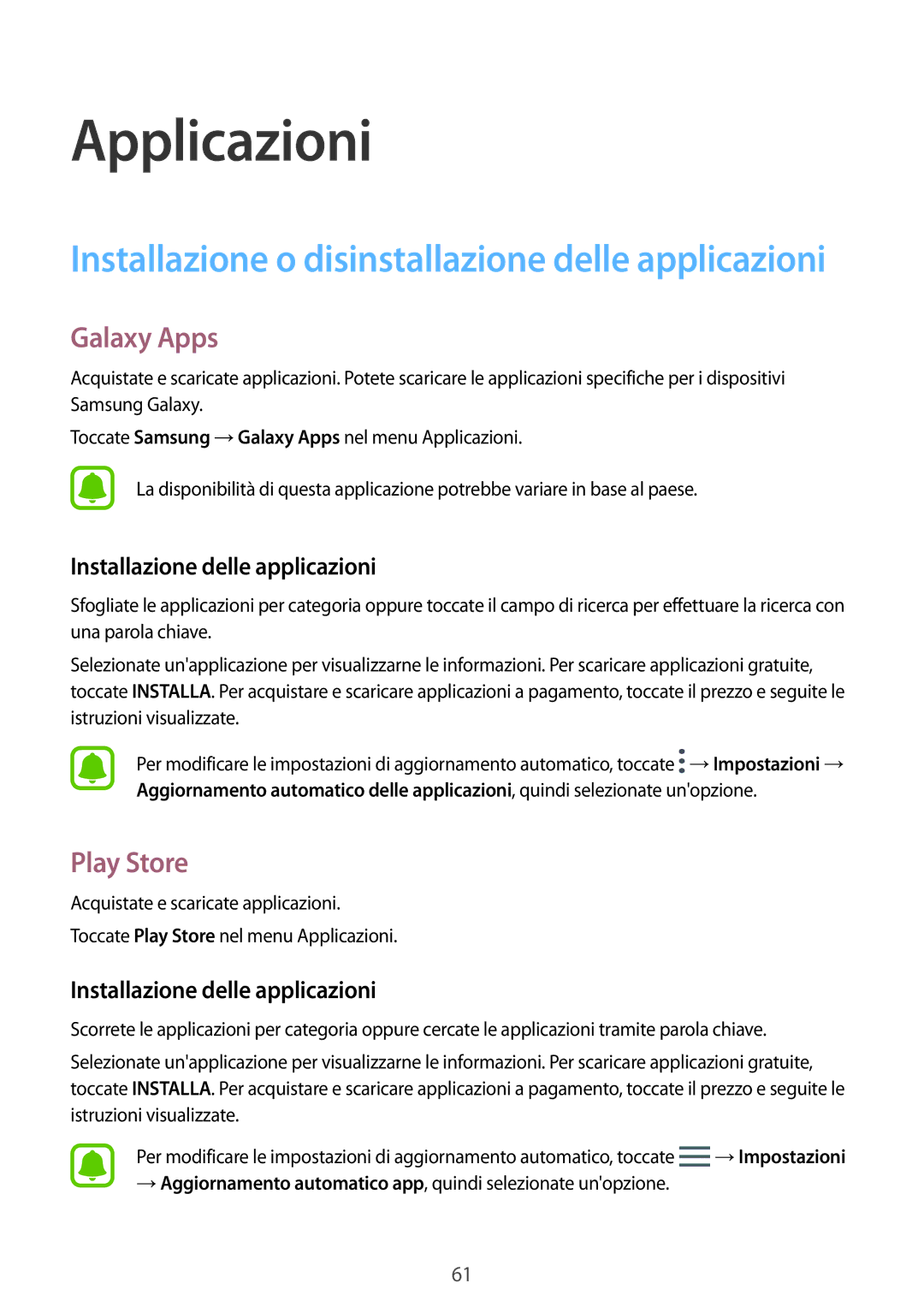 Samsung SM-T820NZKAITV, SM-T820NZSAITV manual Galaxy Apps, Play Store, Installazione delle applicazioni 