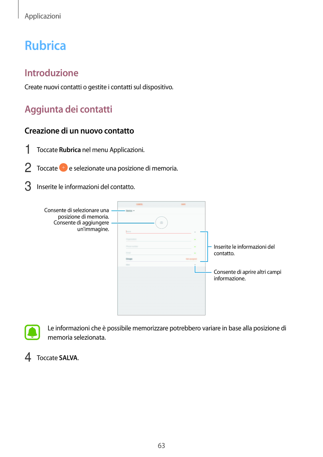 Samsung SM-T820NZKAITV, SM-T820NZSAITV manual Rubrica, Aggiunta dei contatti, Creazione di un nuovo contatto 